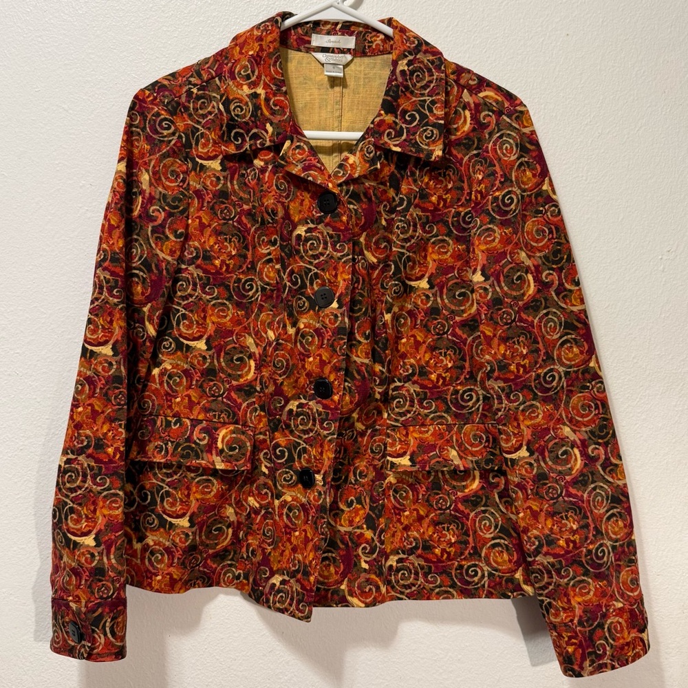 Christoper & Banks Vibrant Red and Orange Swirl Women's Blazer Size Small Button